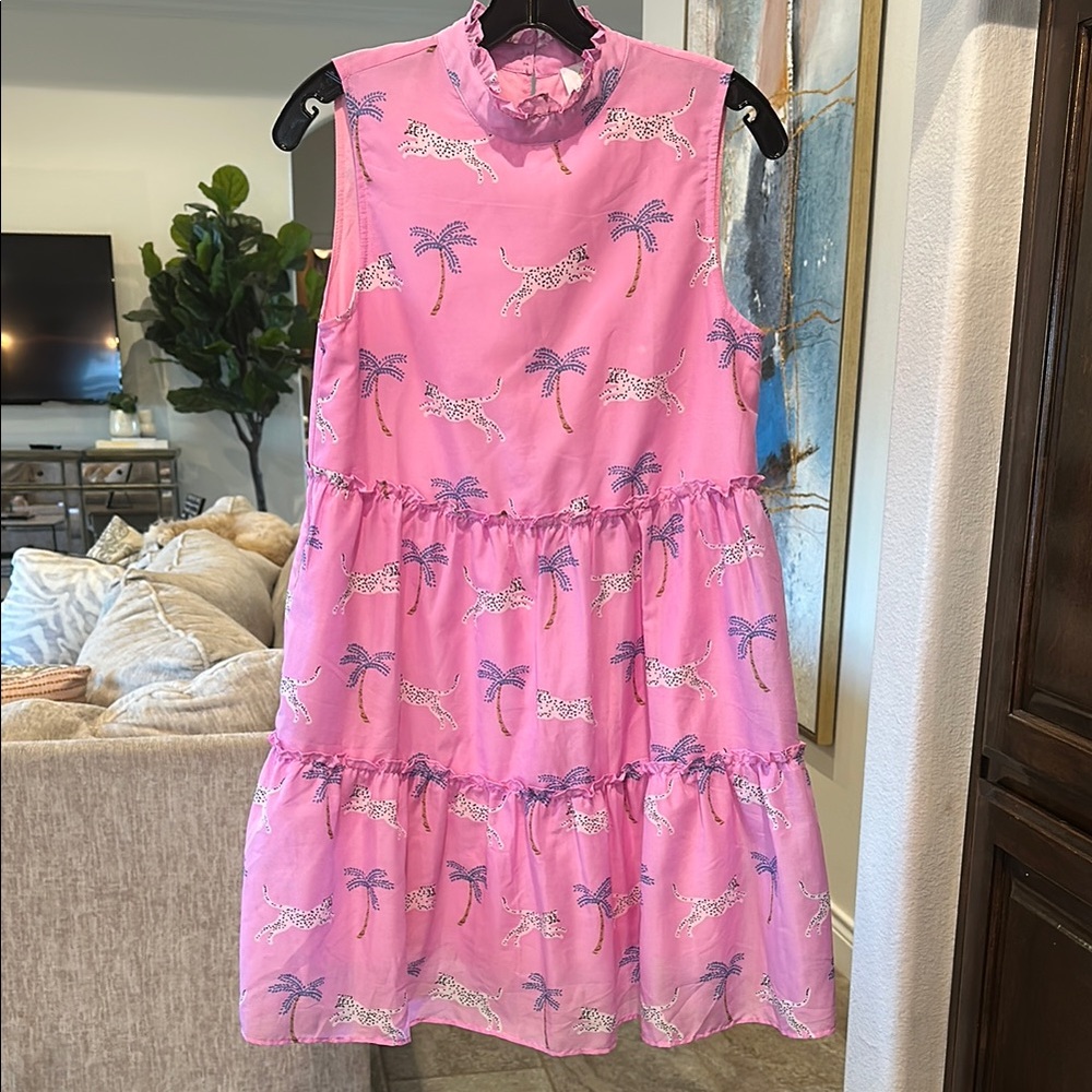 Lined j.marie Pink Sleeveless Dress with Palm Tree and Leopard Print